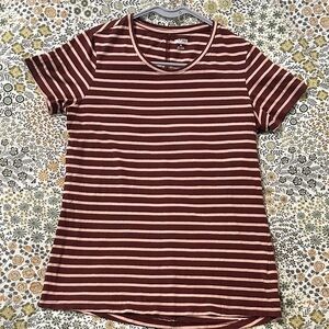 Duluth Trading Company: Maroon and Pink Striped Short Sleeve Top